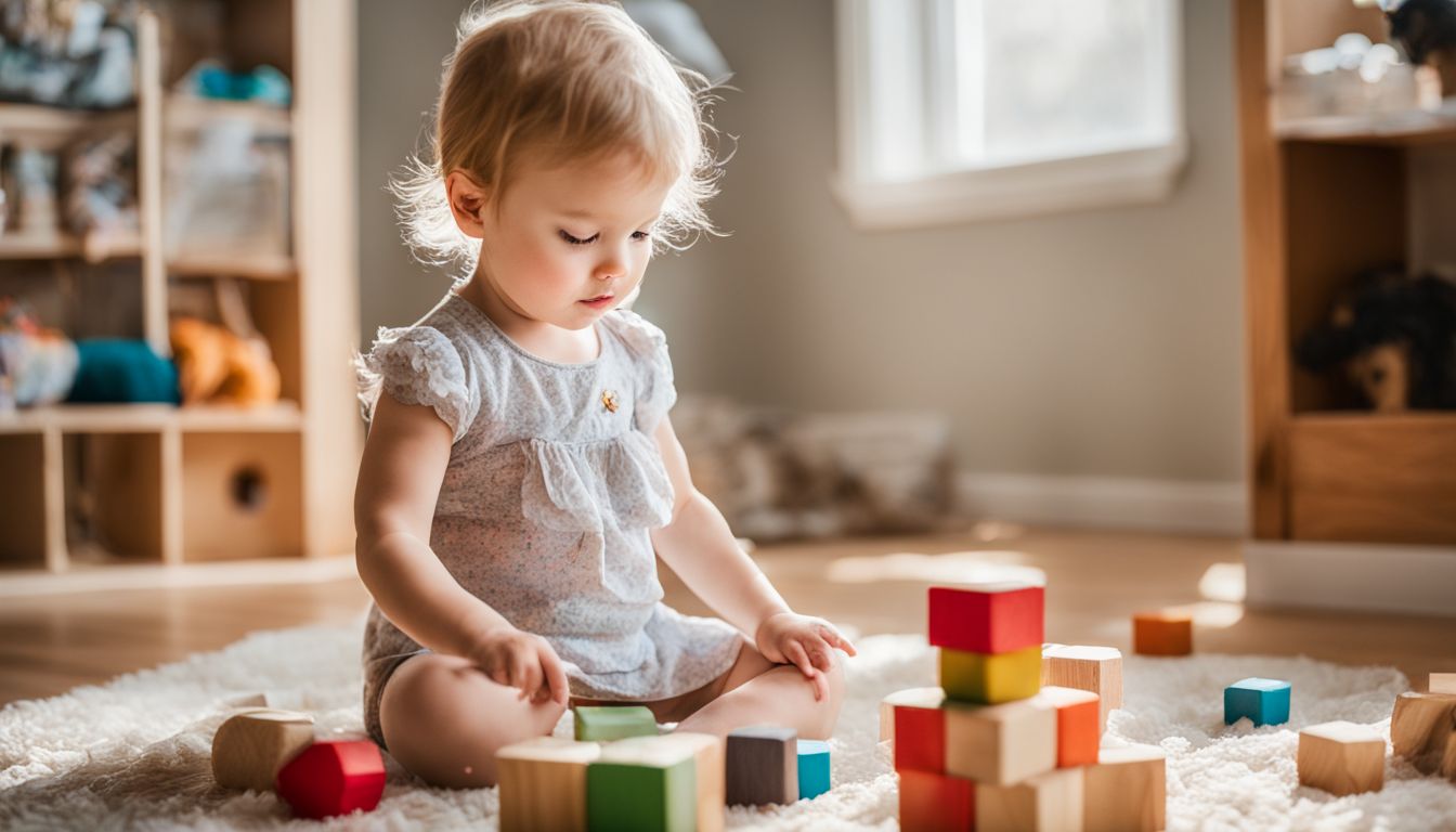 A toddler playing with wooden blocks in a bright, open playroom.