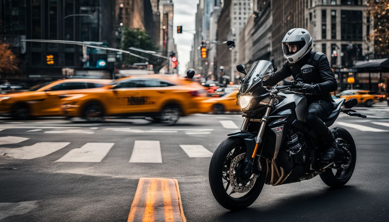 A motorcyclist in NYC wearing protective gear stops at a traffic light.