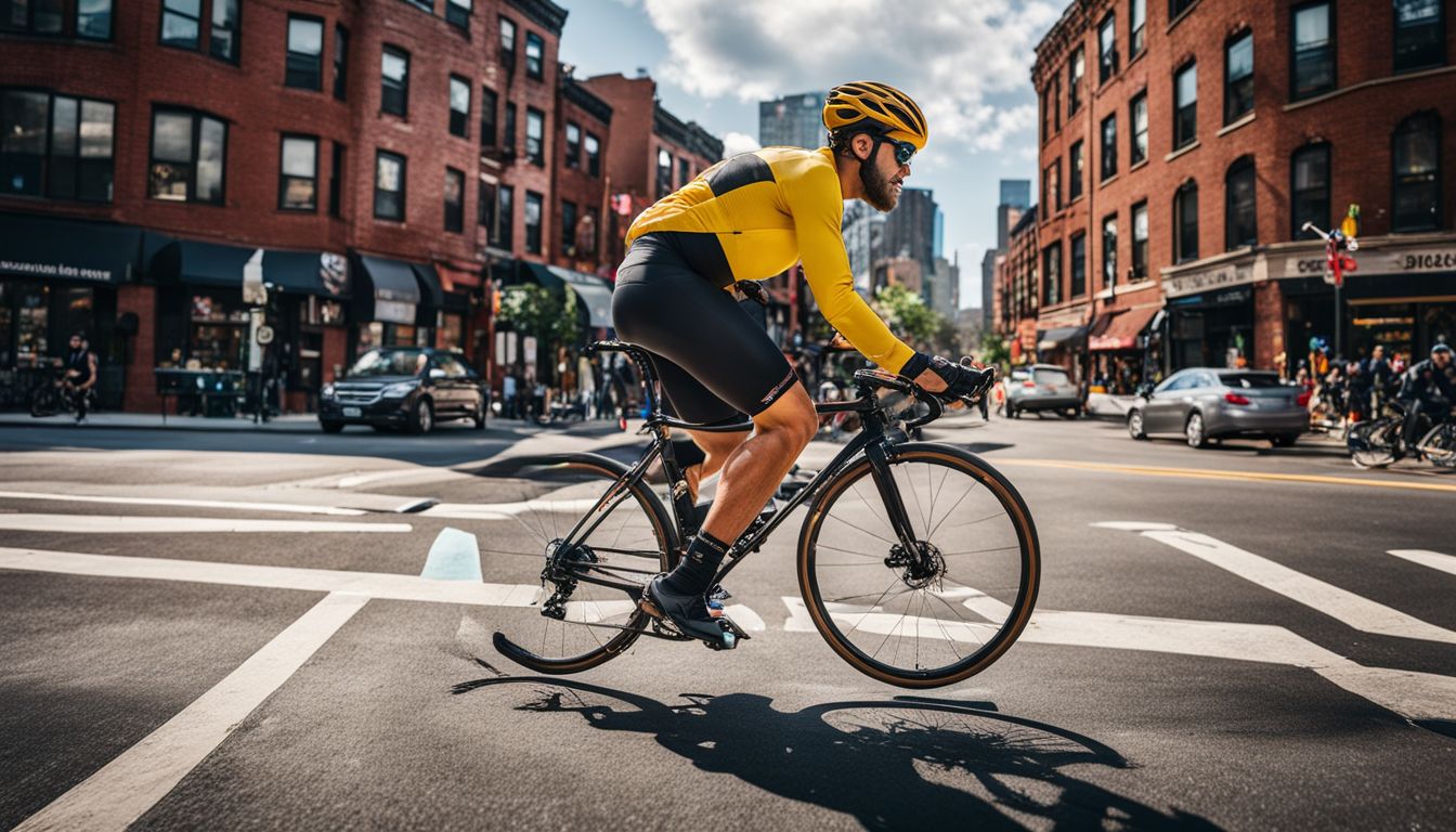 A cyclist rides through the vibrant streets of Brooklyn.