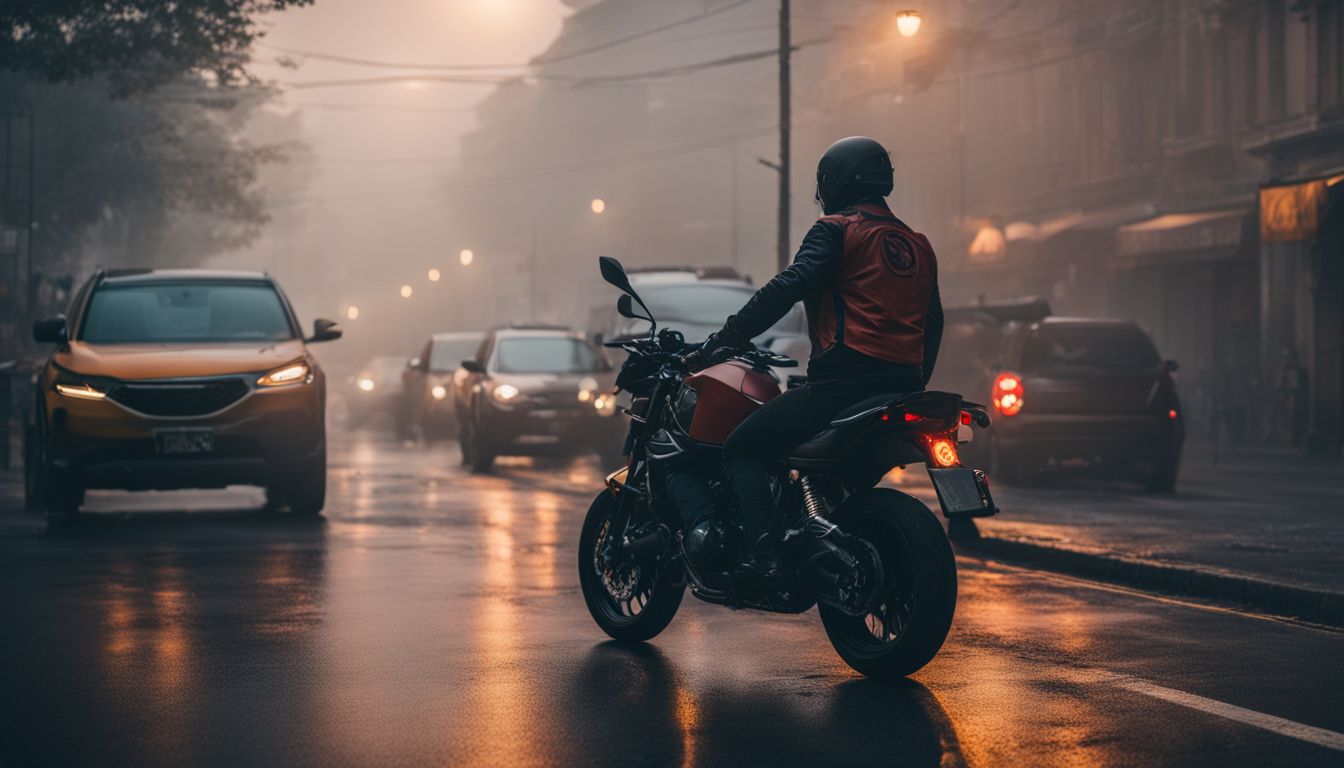 A motorcyclist rides through a foggy cityscape at dusk.
