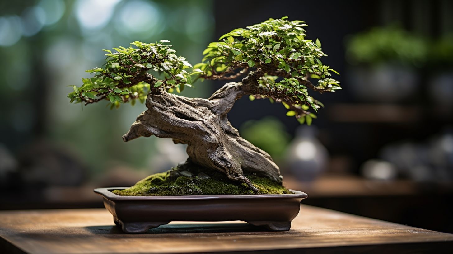 A macro photo of an indoor bonsai tree on a wooden stand.