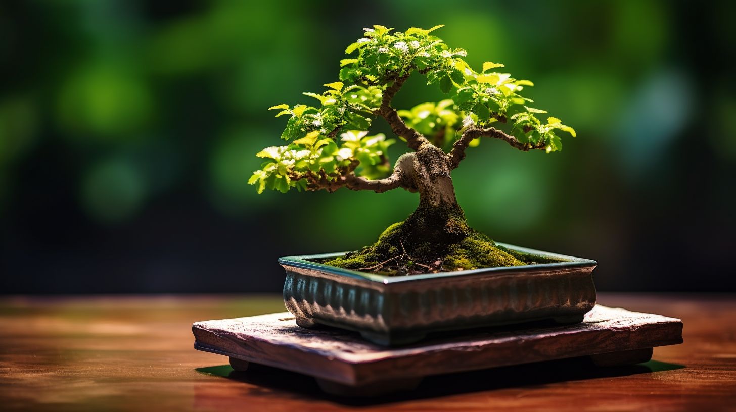 A macro photo of an indoor bonsai tree on a wooden stand.