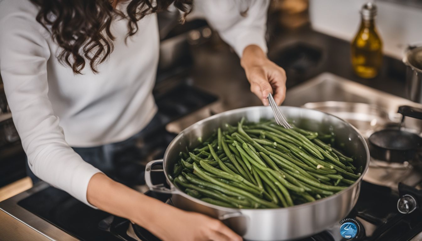 A woman blanching frozen green beans in a pot of boiling water surrounded by kitchen utensils.