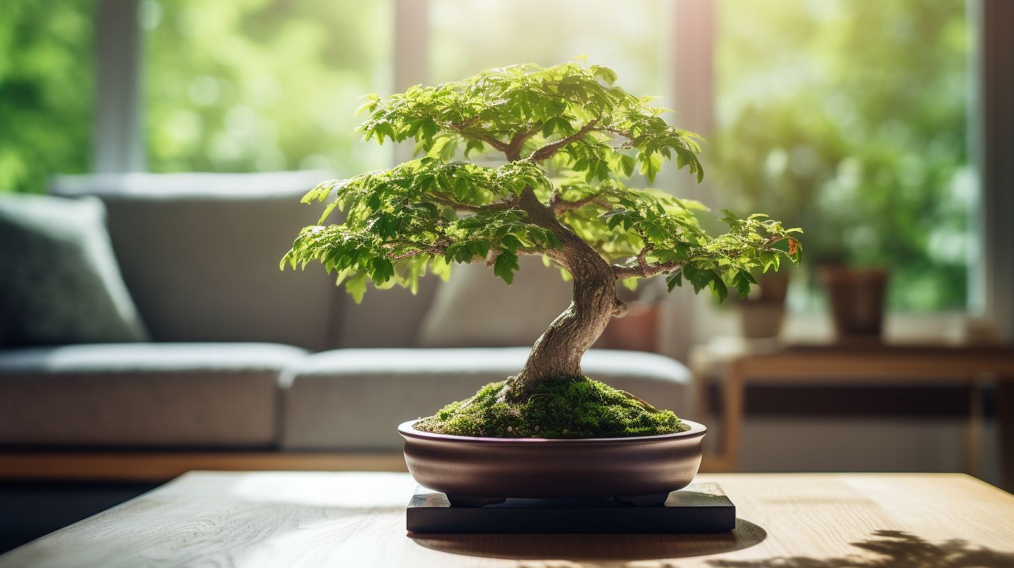 A bonsai tree surrounded by indoor greenery and a person.