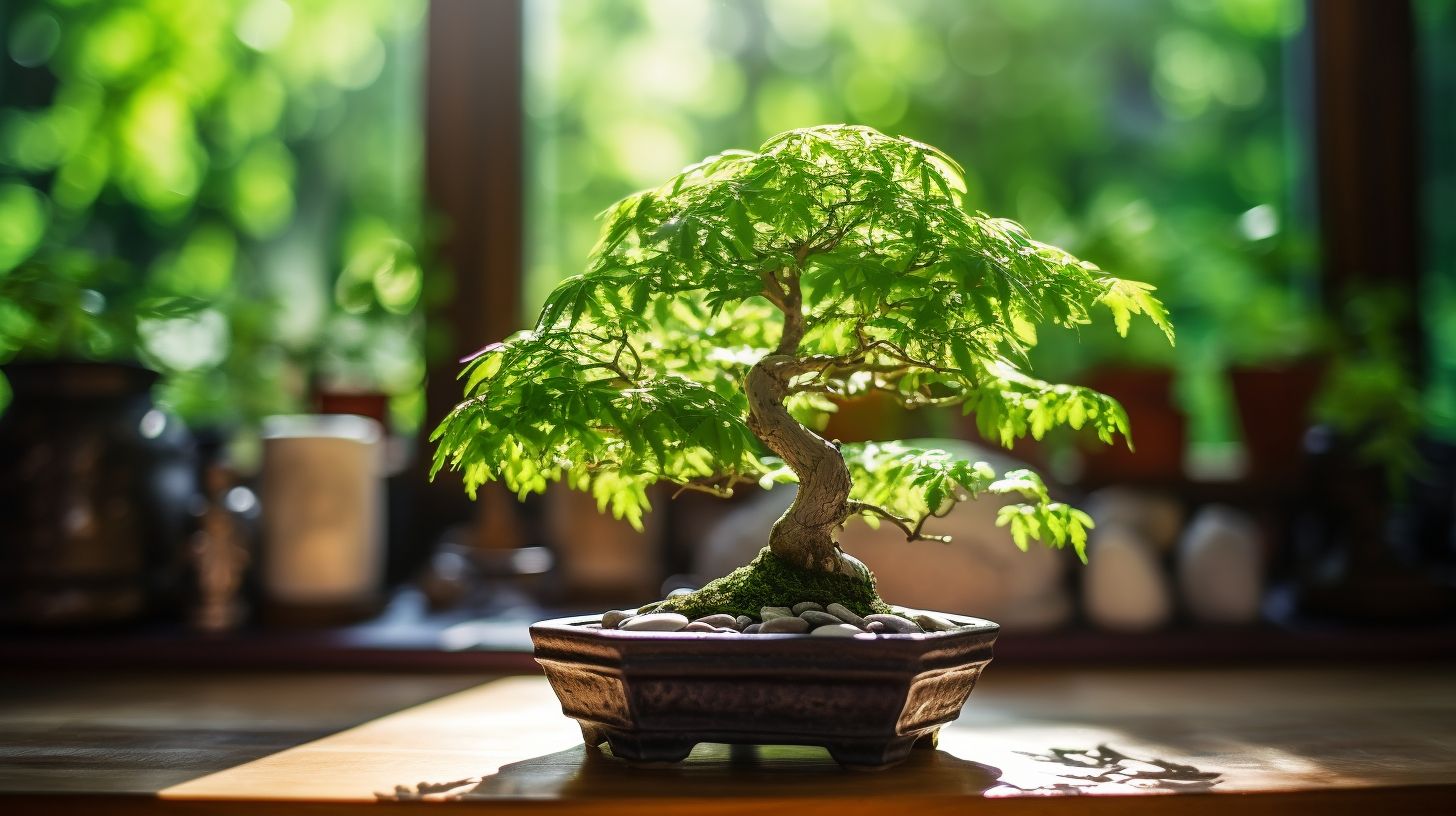 A bonsai tree surrounded by indoor greenery and a person.
