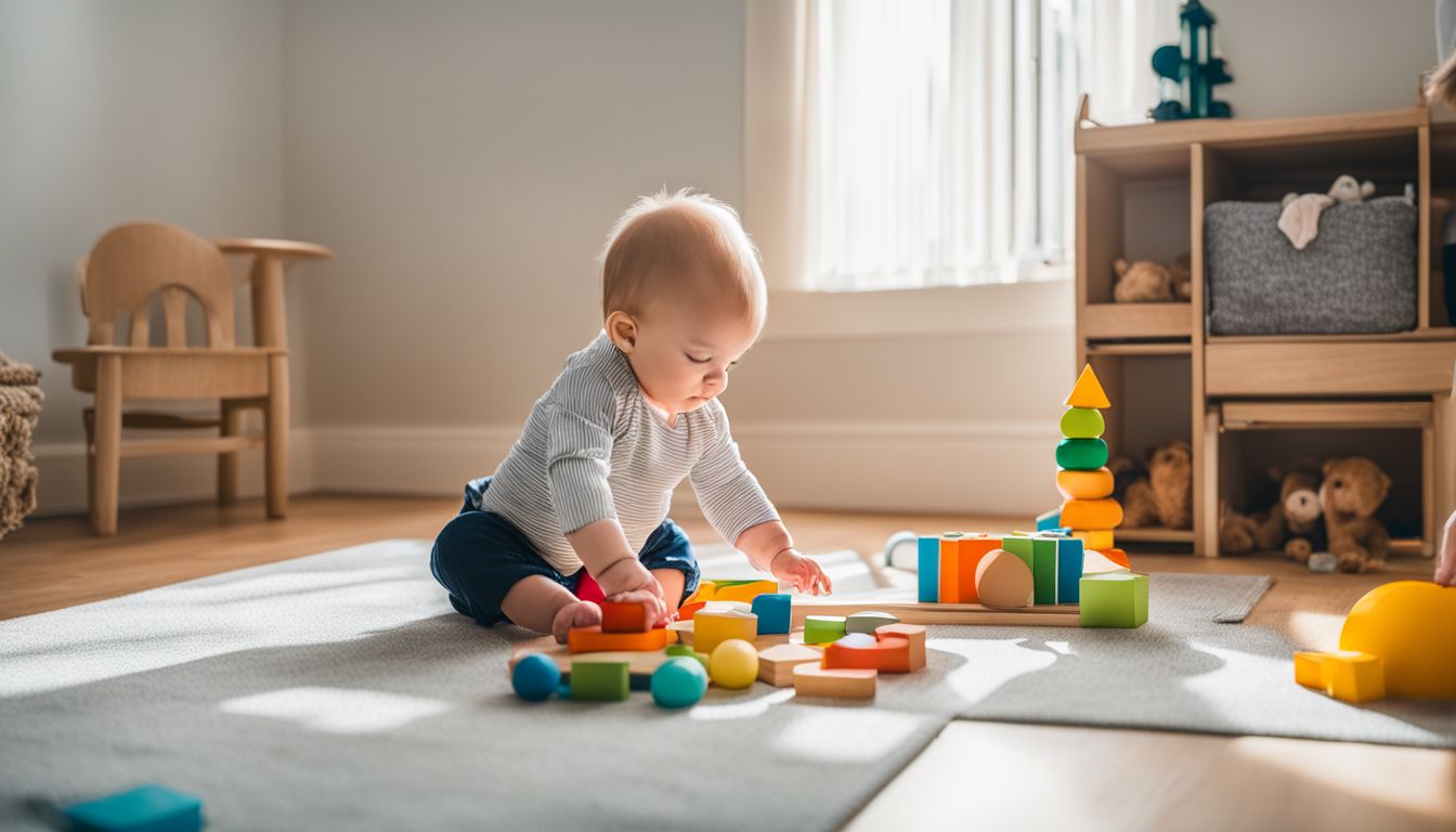 A baby playing with Montessori toys in a minimalist nursery.