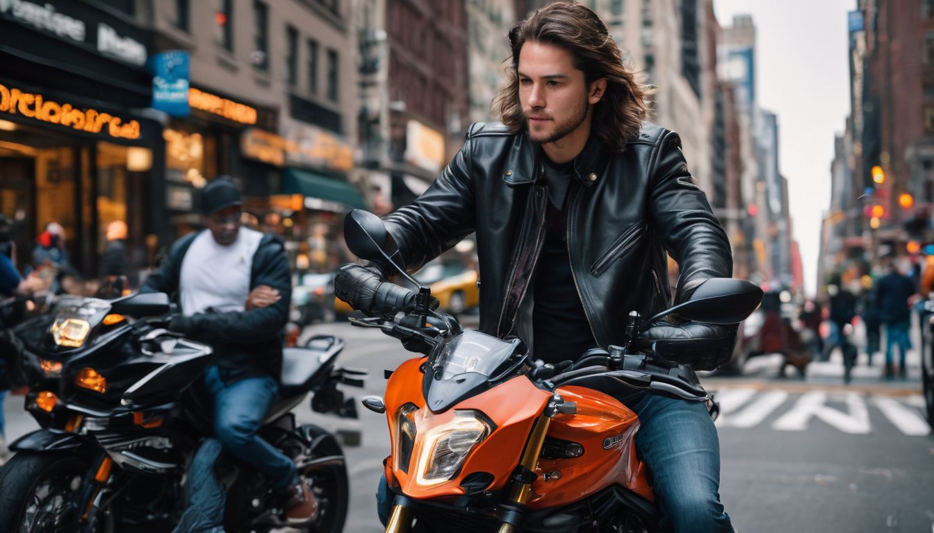 An urban rider checks tire pressure on a motorcycle in busy New York City street.
