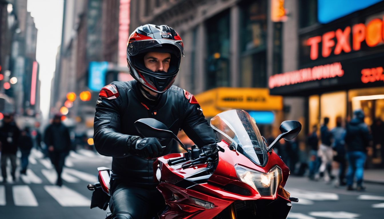 A rider in motorcycle gear standing in a busy NYC street.