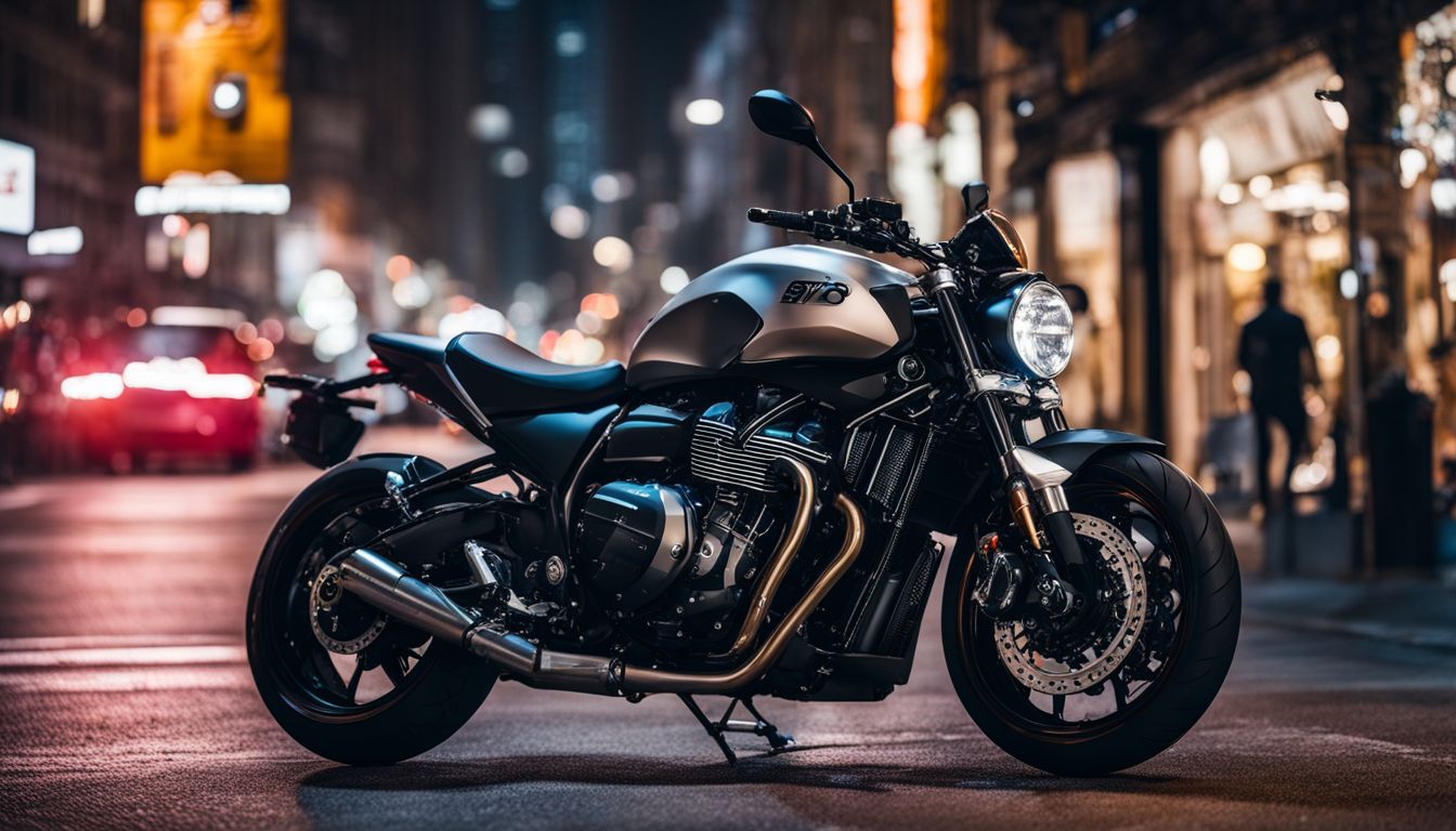 A sleek motorcycle parked on a bustling city street at night.