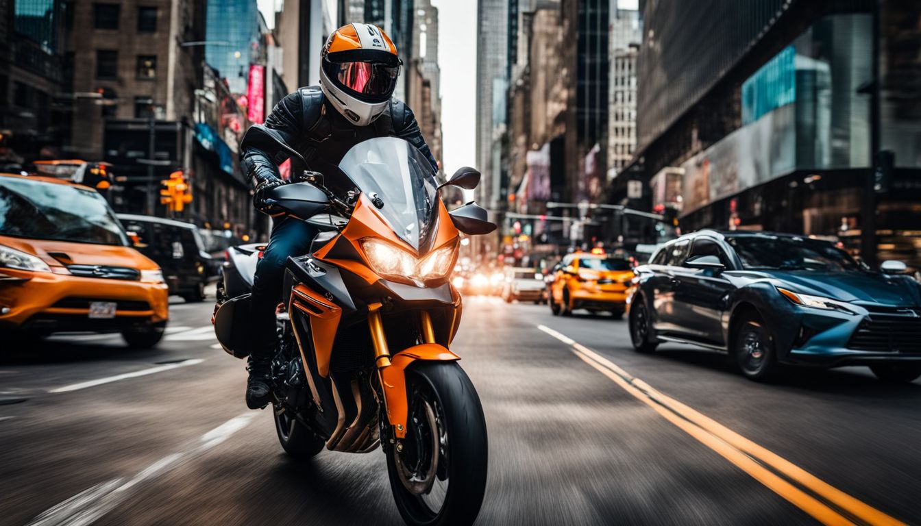 A motorcyclist in full safety gear rides through the streets of NYC.