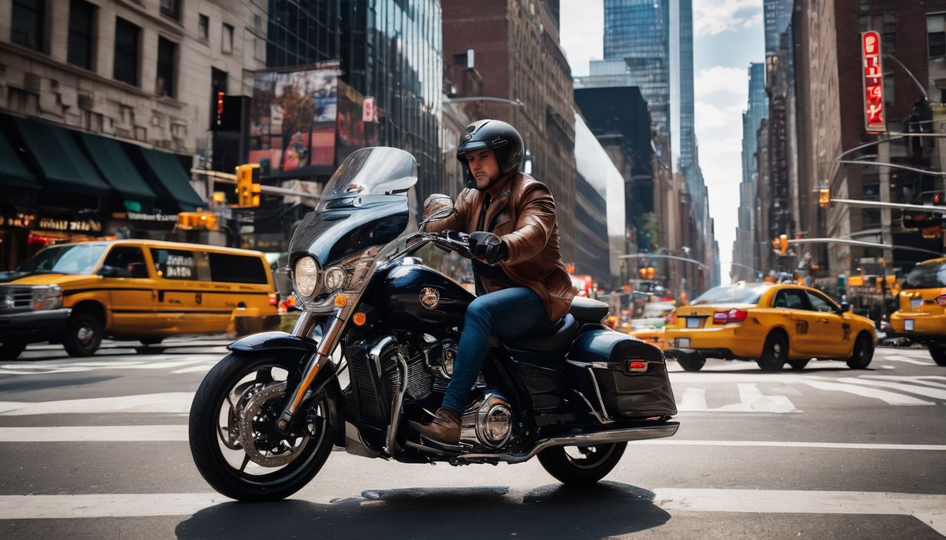 A motorcyclist navigating through bustling NYC streets captured in high definition.