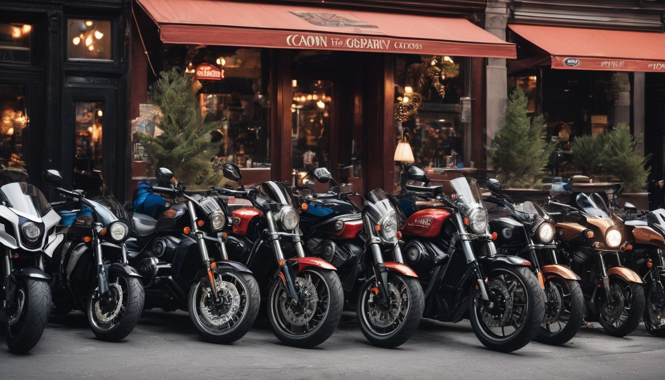 Customized motorcycles parked outside a bustling NYC biker hangout.