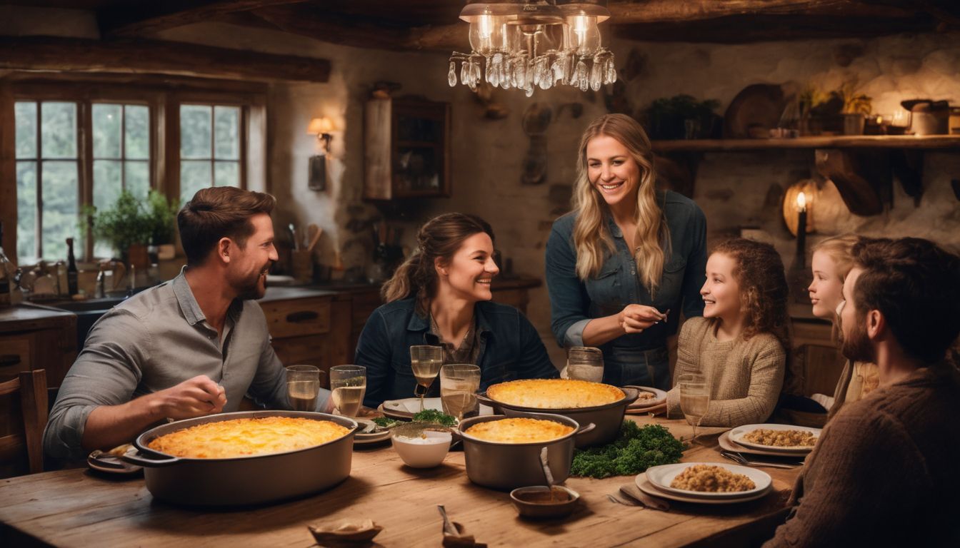 A cozy family dinner with a bubbling shepherd's pie in a rustic kitchen.