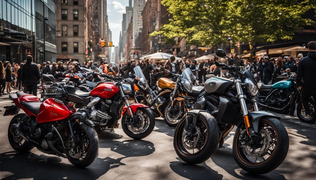 'Diverse collection of motorcycles parked in front of bustling New York City spot.'