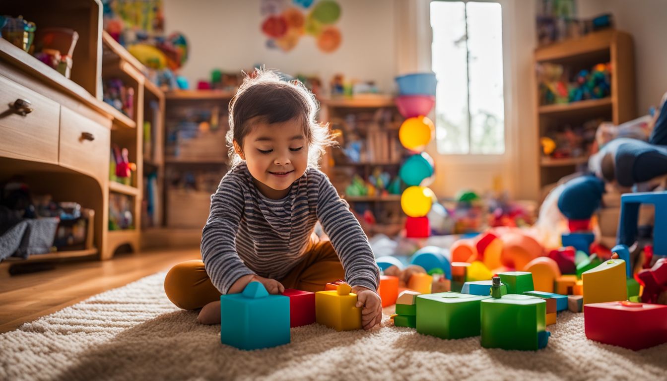 A child playing with Montessori toys in a colorful playroom.