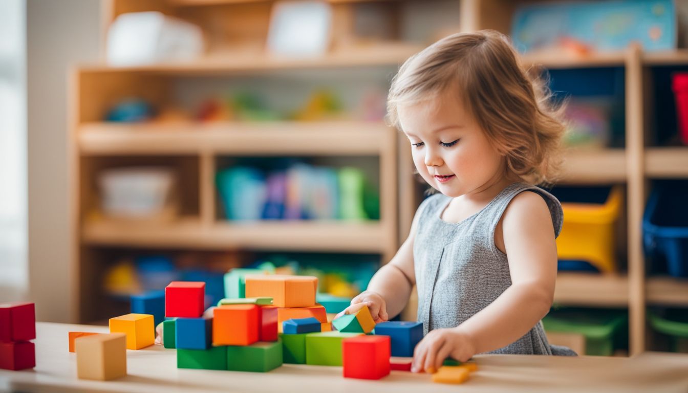 A toddler sorting colorful blocks in a Montessori-style classroom.