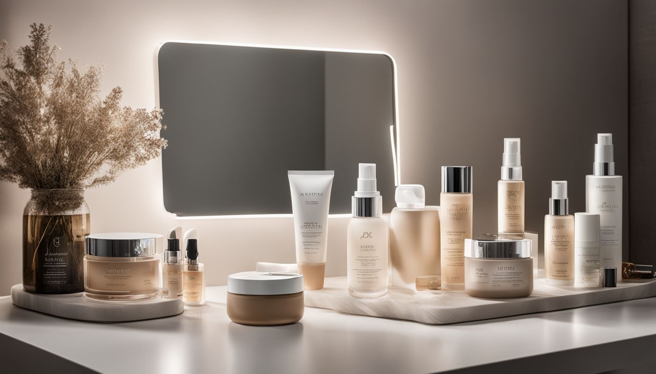 A variety of skincare products arranged on a clean and organized vanity.