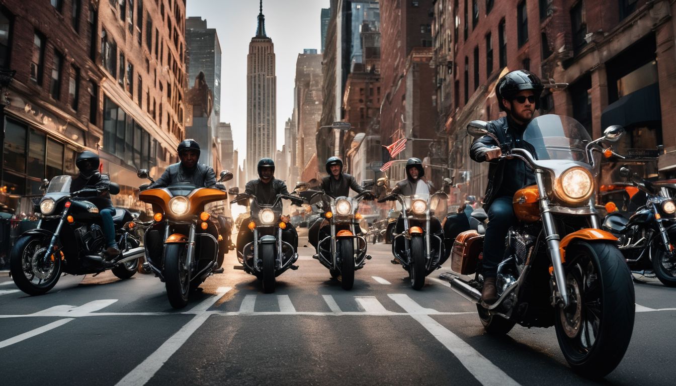 A group of bikers posing with their motorcycles in front of a NYC landmark.
