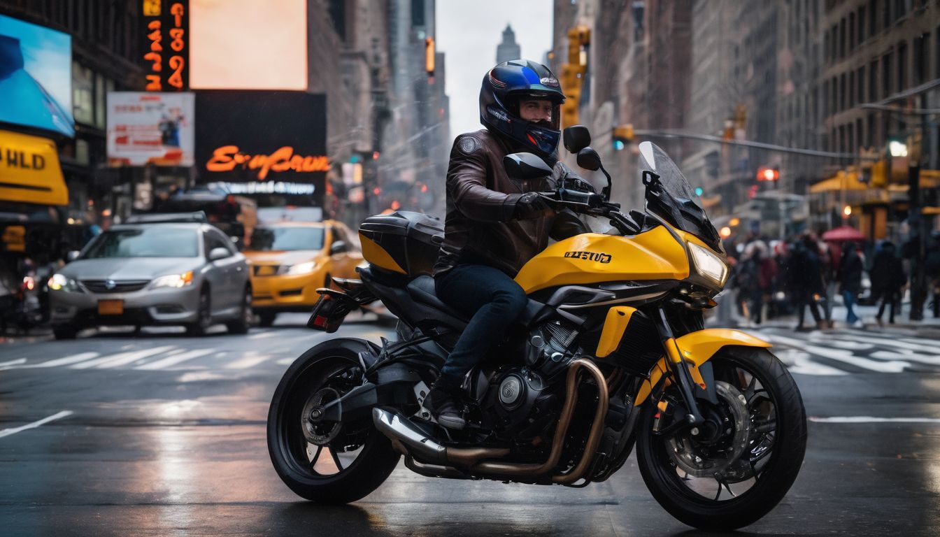 A motorcyclist navigating through changing weather in New York City.