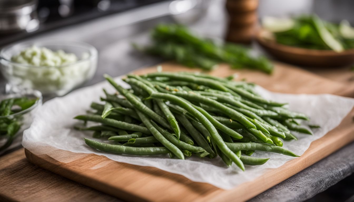 A photo of thawed frozen green beans surrounded by fresh ingredients on a clean kitchen counter.