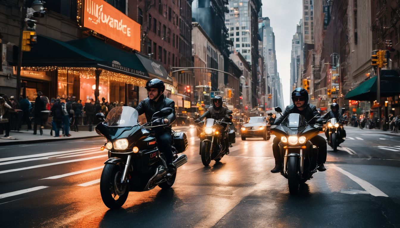 A group of motorcyclists riding through the bustling streets of New York City.