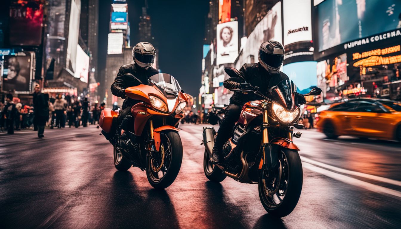 A motorcyclist rides through Times Square in a bustling cityscape.