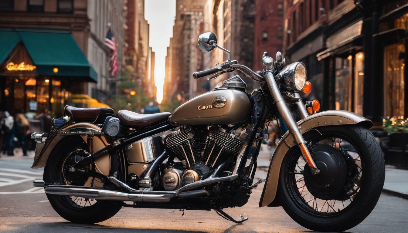 'A vintage motorcycle parked in front of historic NYC landmarks.'