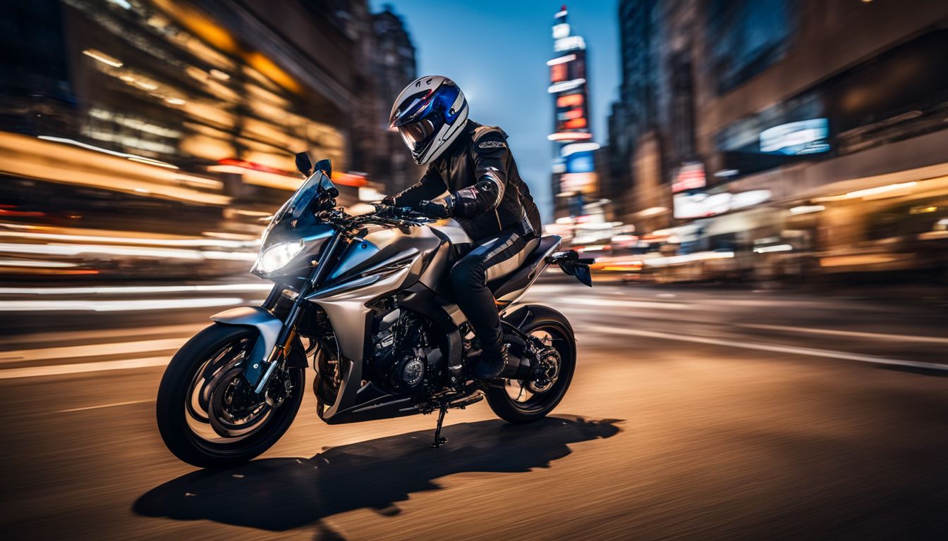 A motorcyclist in protective gear navigating through city traffic at dusk.