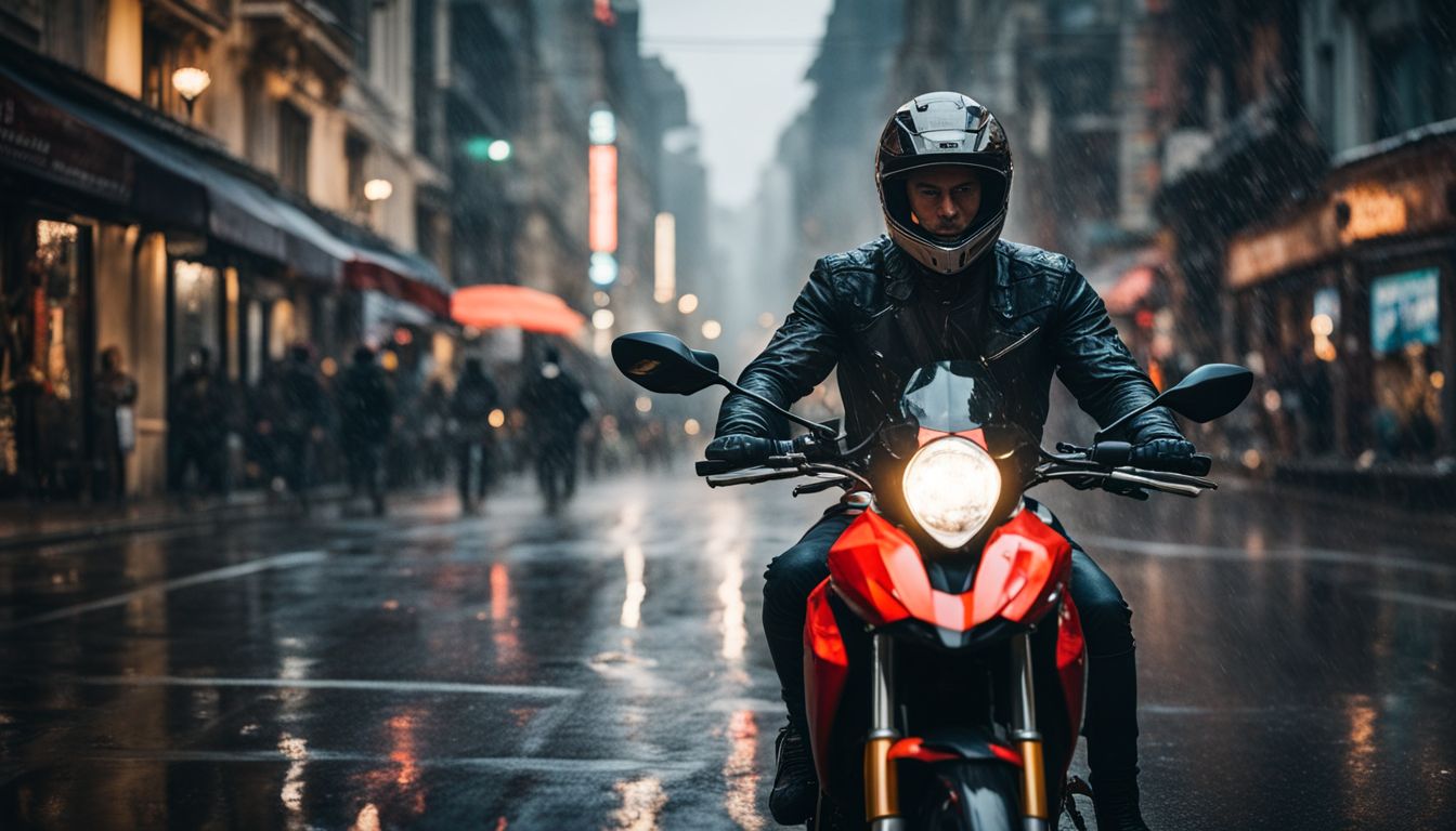 A motorcyclist navigating city streets in the rain.