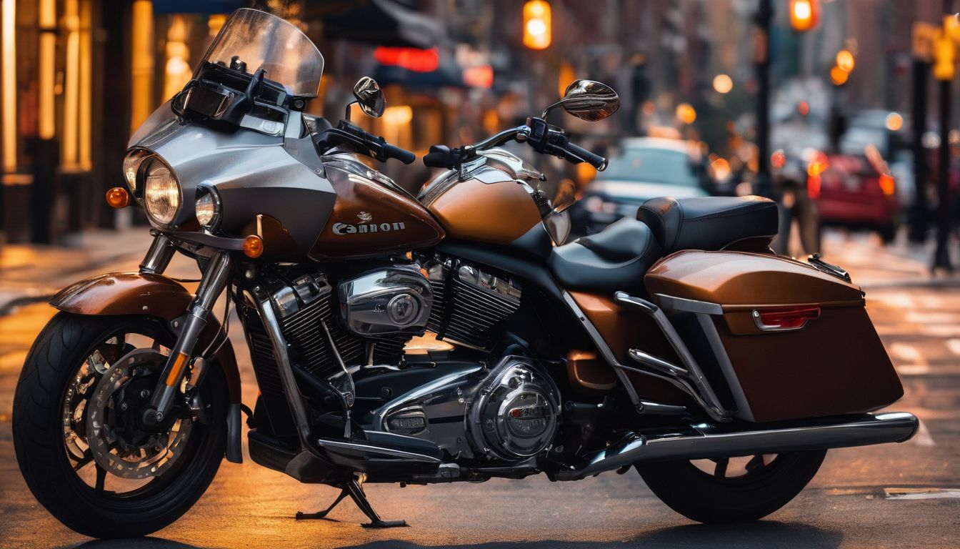 An empty motorcycle parked on a New York City street at sunset.