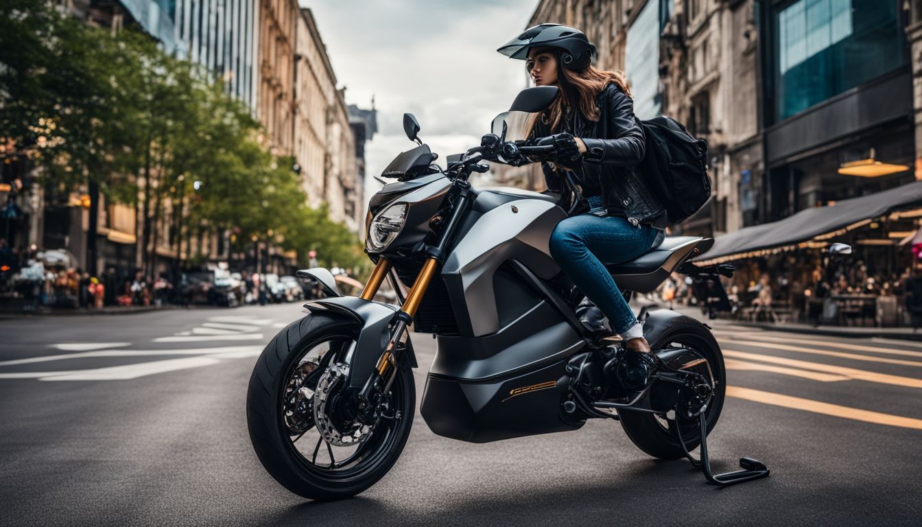 The photo features a busy urban street scene with an eco-friendly electric motorcycle.