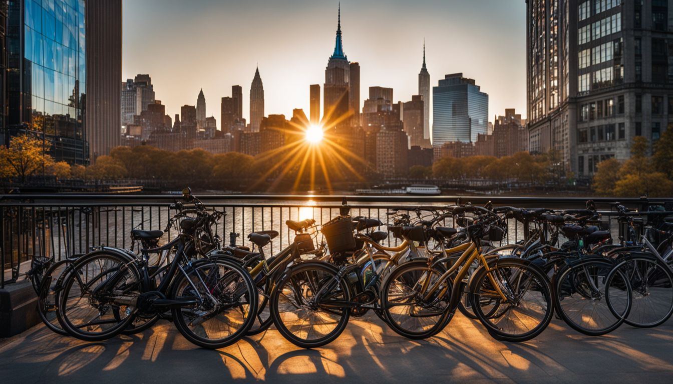 A row of bicycles parked in front of iconic NYC buildings.