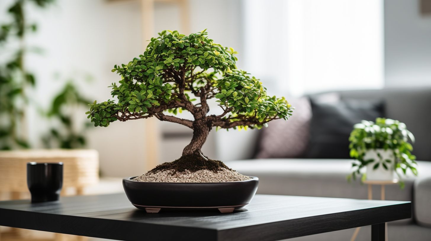 A beautiful indoor bonsai tree in a modern living room.