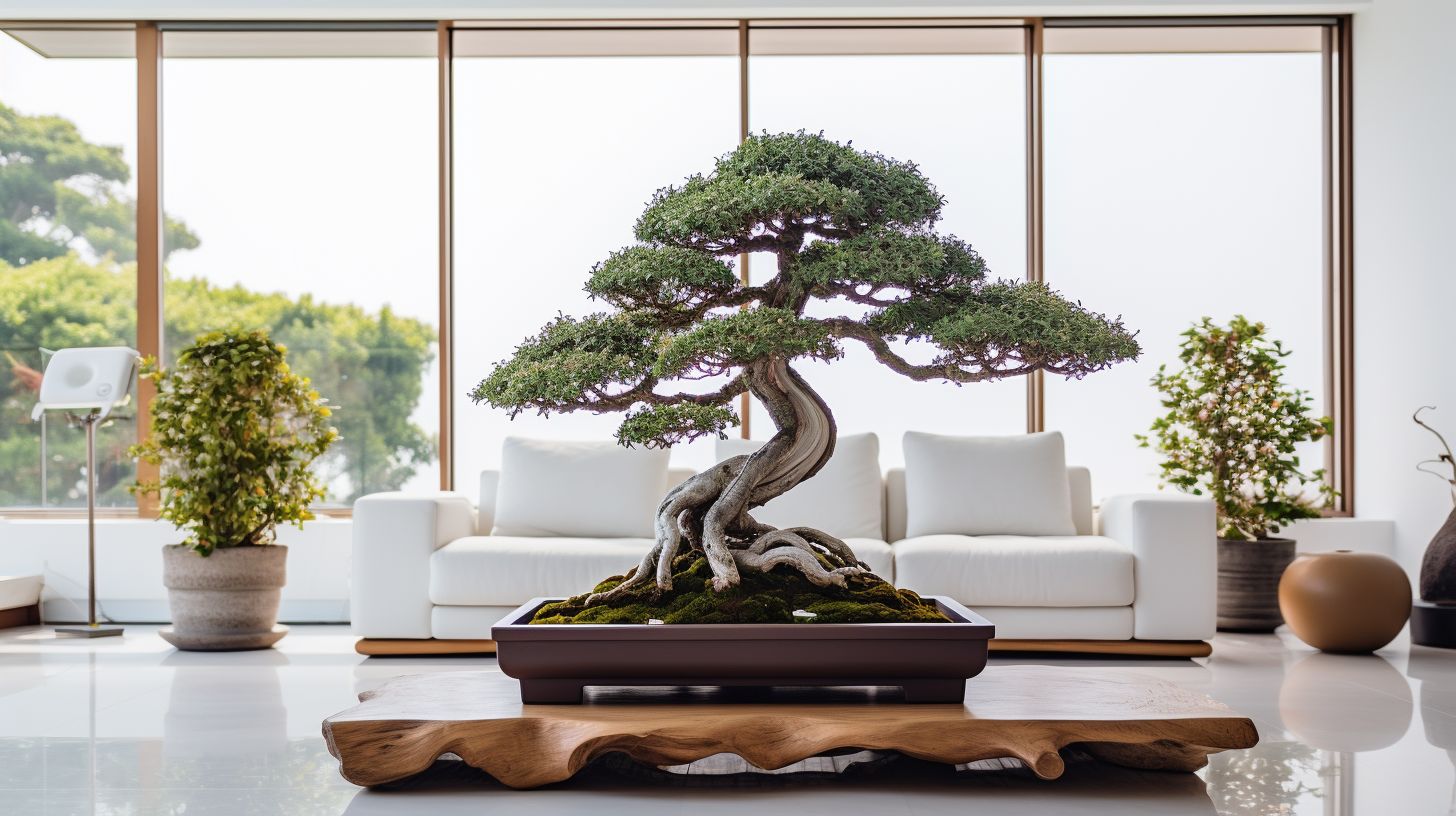 A beautiful indoor bonsai tree in a modern living room.