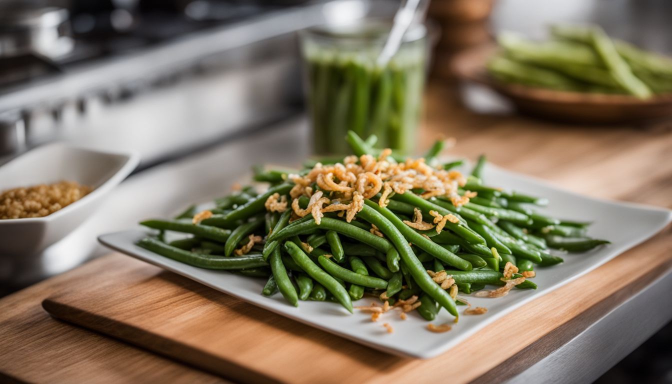 A colorful display of fresh green beans and crispy onions on a kitchen counter.