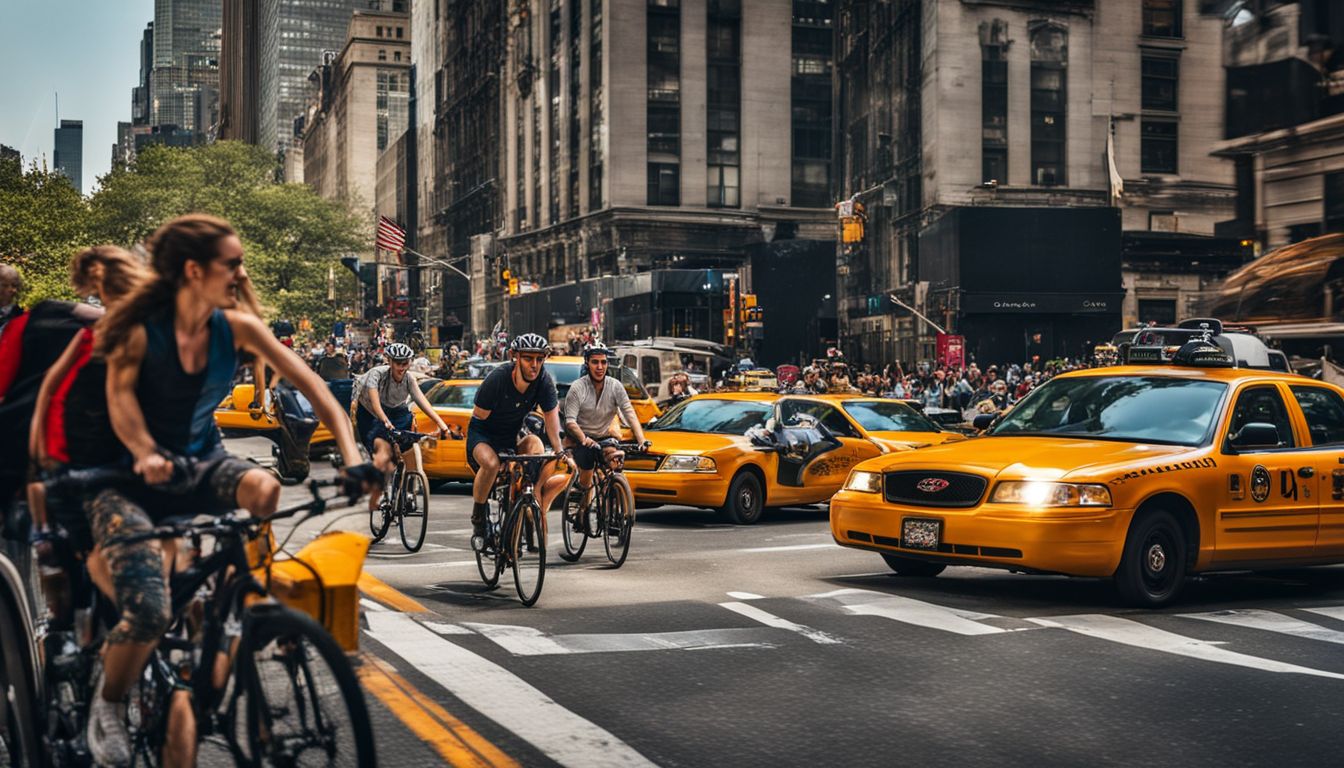 Bicyclists navigating crowded NYC streets with skyscrapers and taxi cabs.