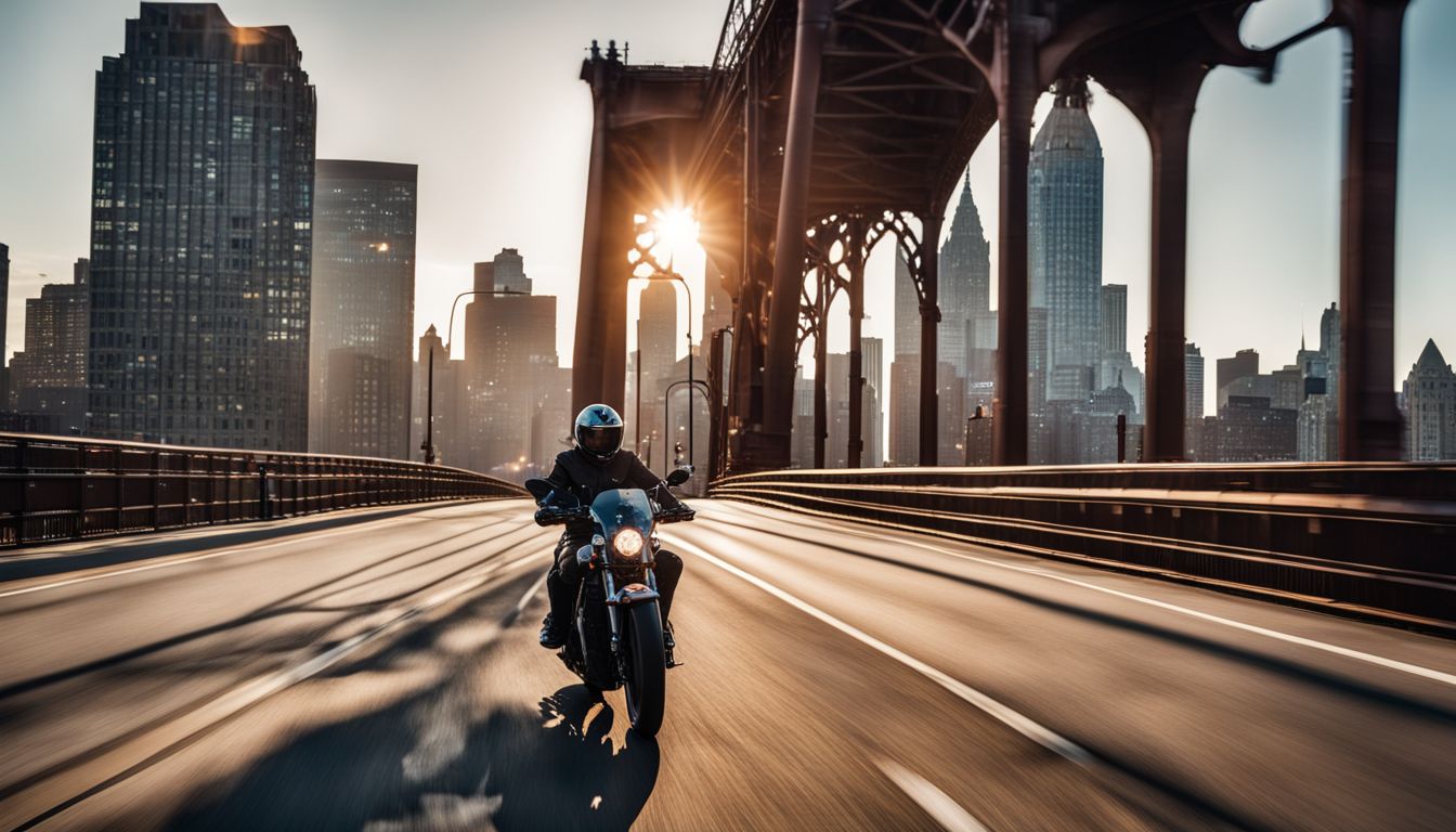 A motorcyclist riding through the scenic Hudson River Bridge with city skyline.