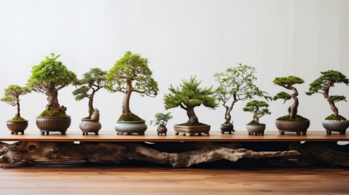 A variety of indoor bonsai trees arranged on a wooden table.