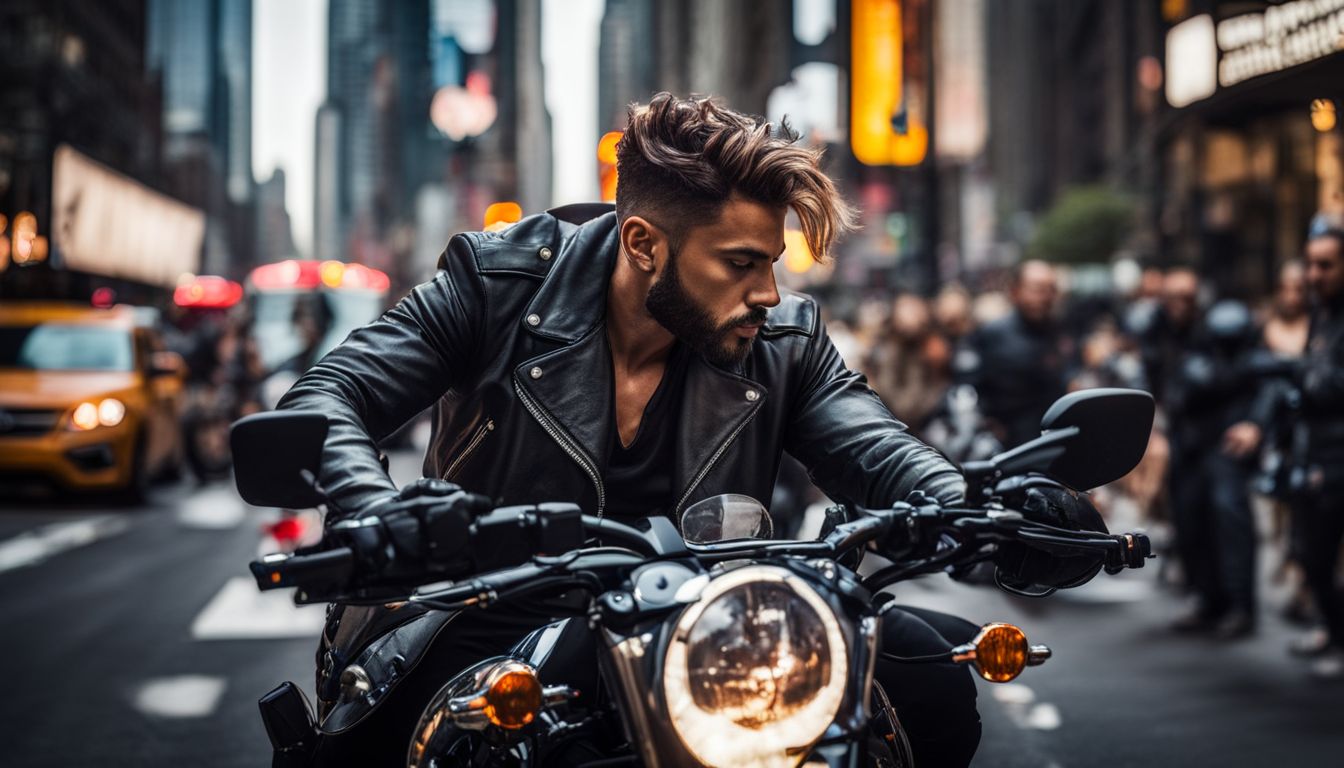 A motorcycle rider weaving through bustling New York City traffic.