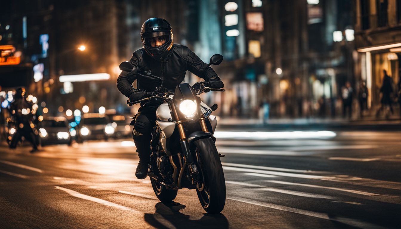 A motorcyclist rides through city streets at dusk, wearing protective gear.