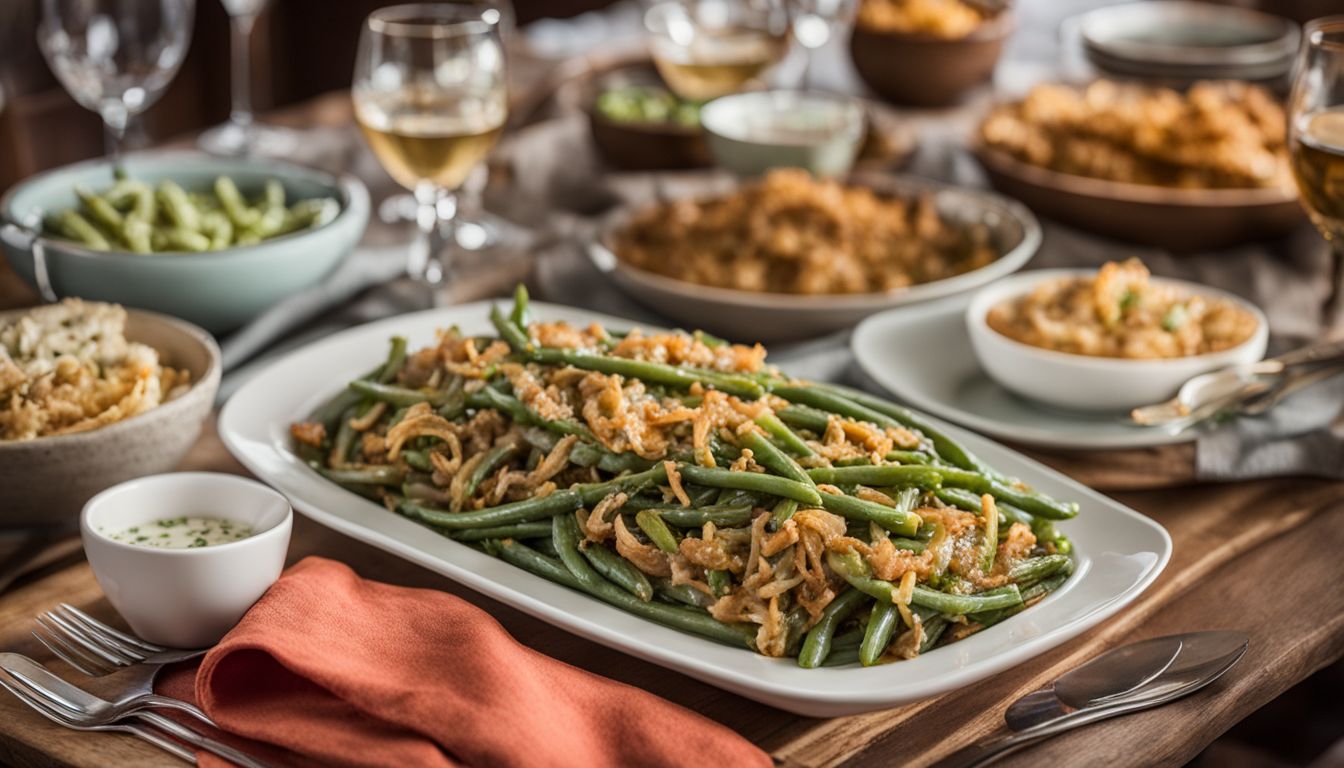 A dinner table with a variety of green bean casserole dishes and colorful place settings.