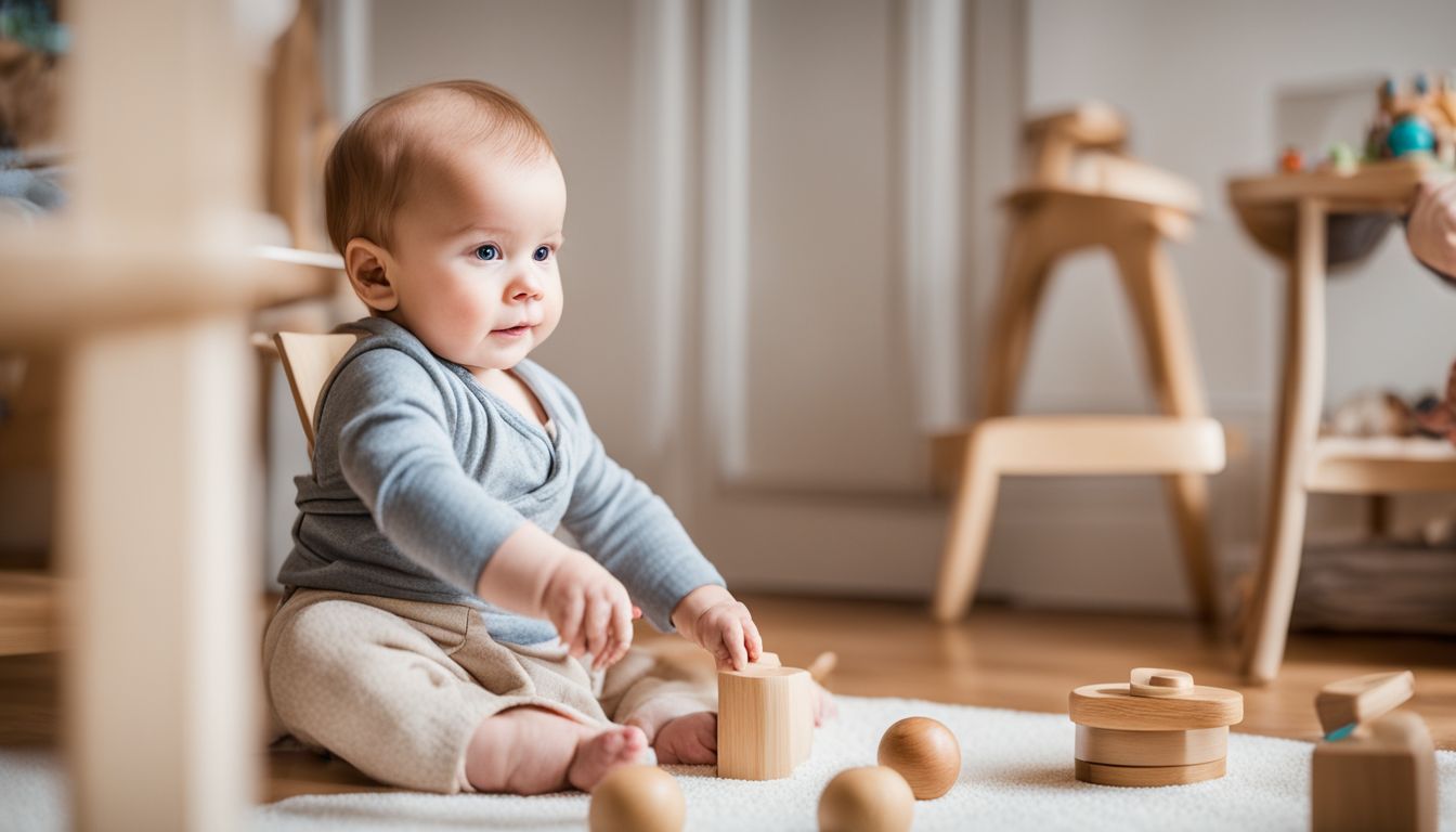 A baby playing with Montessori toys in a bright nursery.