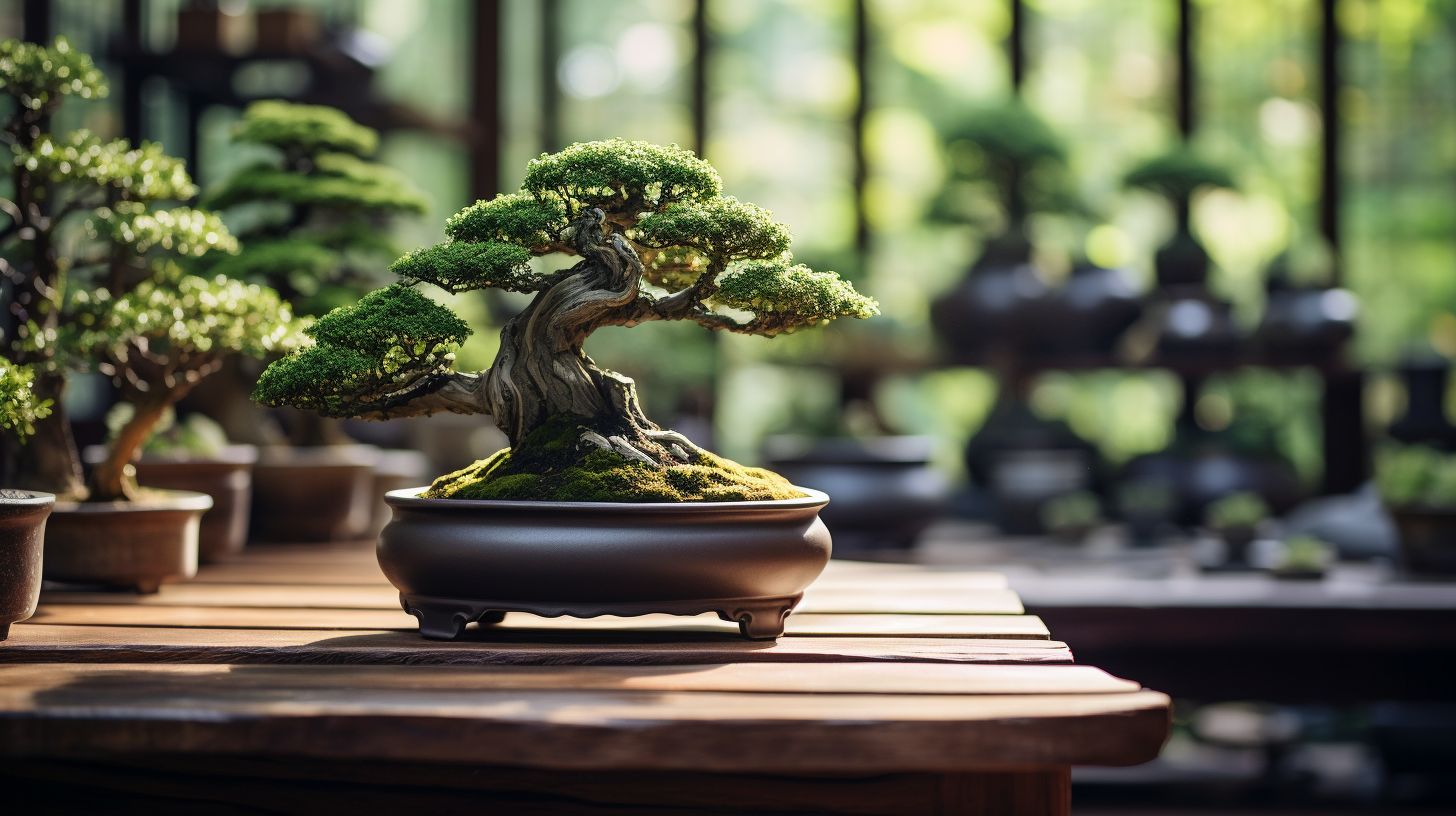 Several bonsai trees in a serene indoor setting captured with macro lens.