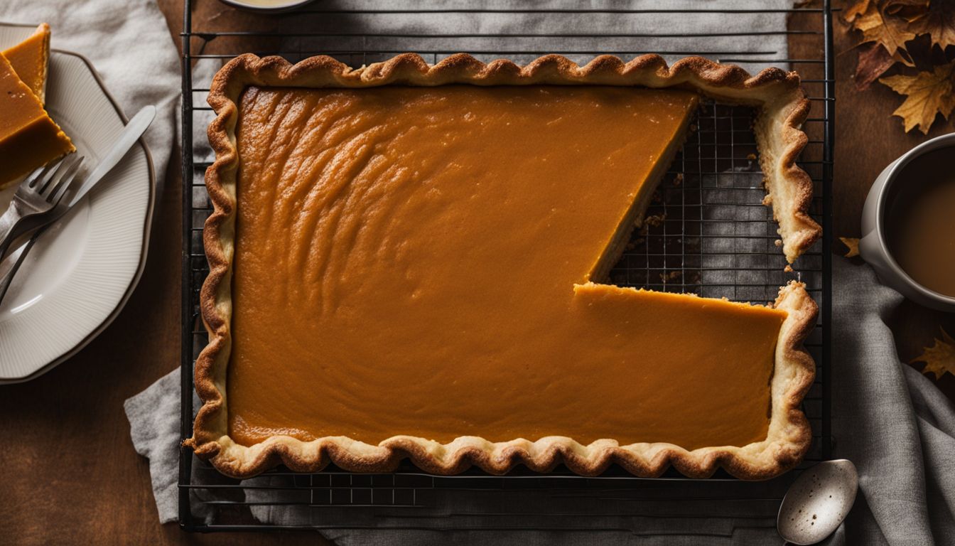 A freshly baked pumpkin pie cooling in a cozy kitchen with bustling atmosphere.