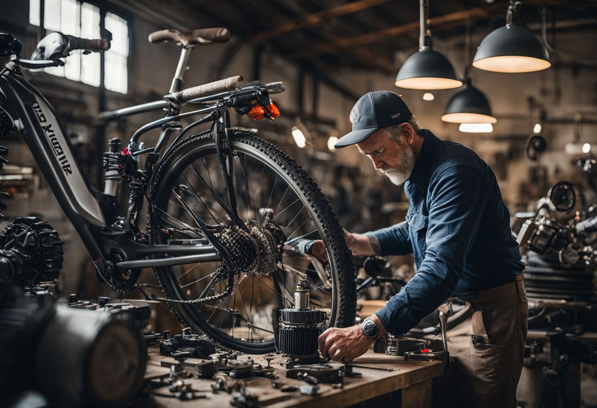 A bicycle mechanic inspecting various motors in a workshop.