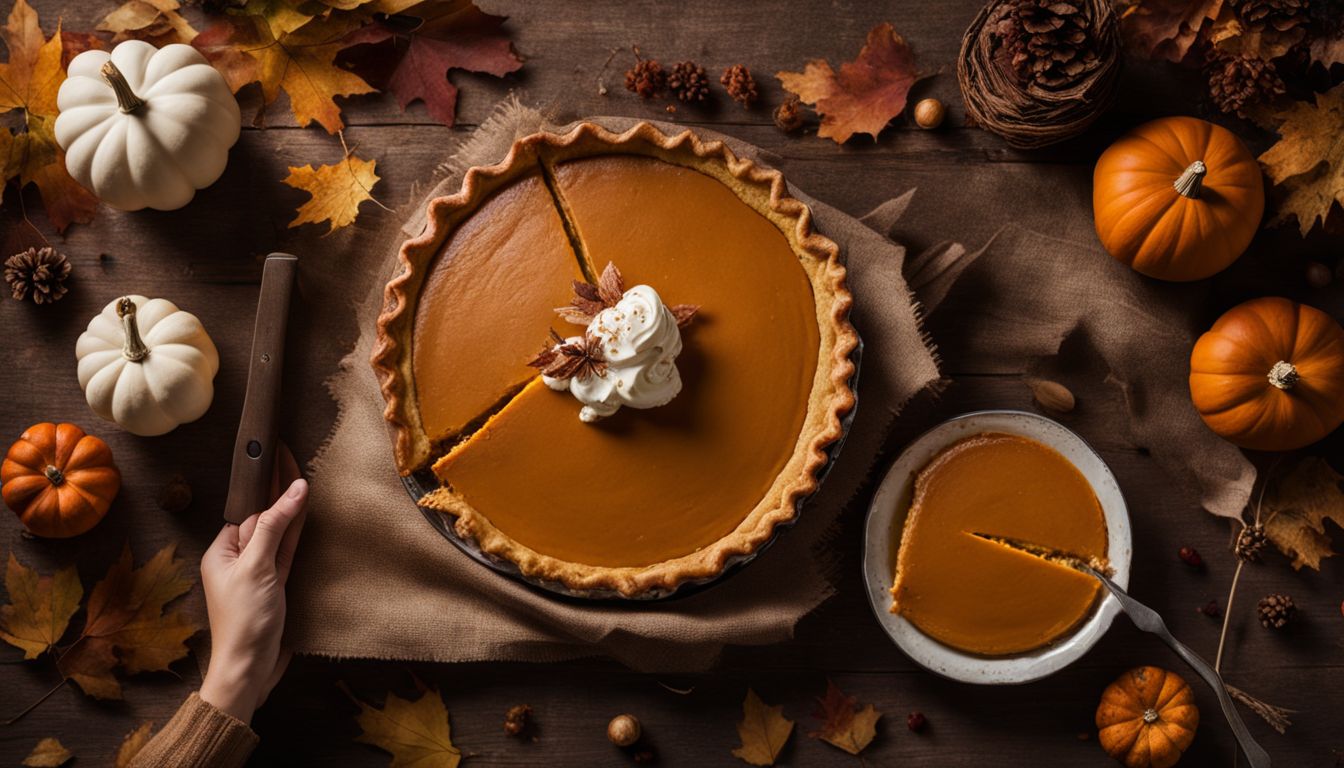A person holding a freshly baked pumpkin pie surrounded by autumn decorations in a bustling atmosphere.
