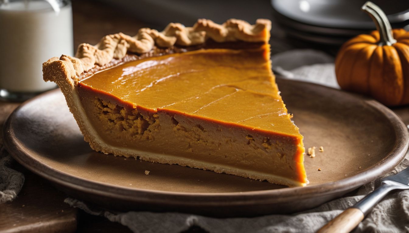 A freshly baked pumpkin pie cools on a rustic kitchen counter in a bustling atmosphere.