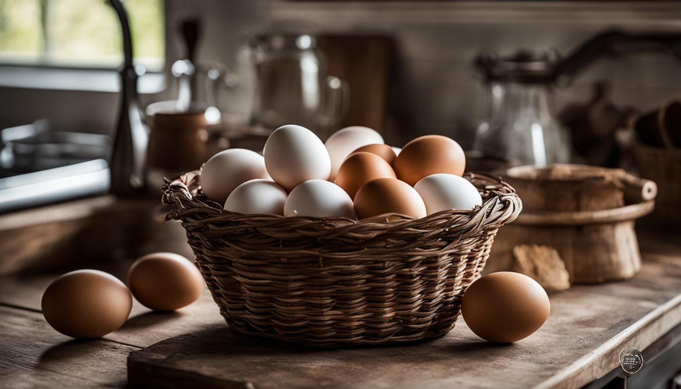 A basket of eggs sits on a farmhouse kitchen countertop in a well-lit, bustling atmosphere.
