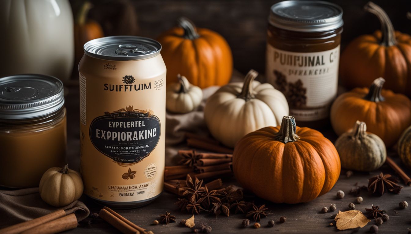 A can of evaporated milk surrounded by pumpkins and spices in a bustling atmosphere.