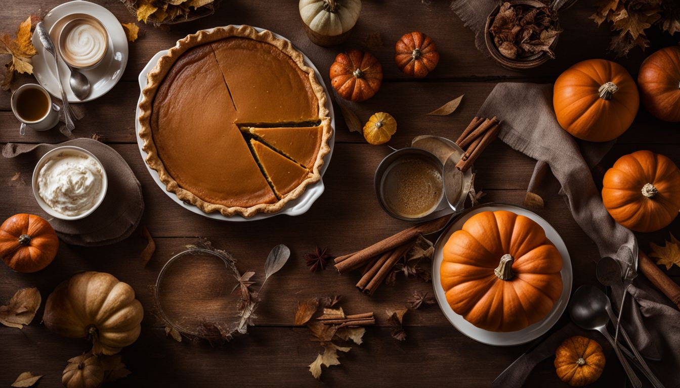 A rustic kitchen table with a freshly baked pumpkin pie and ingredients, surrounded by a bustling atmosphere.